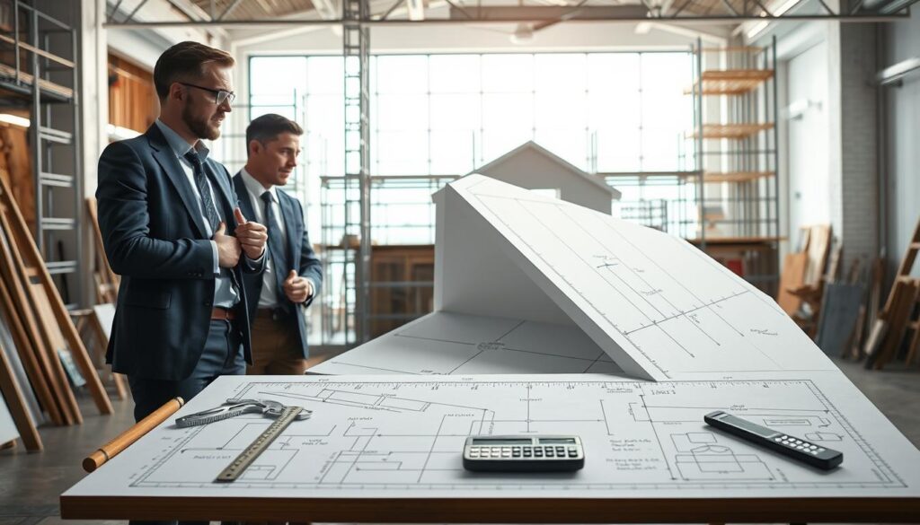 A detailed architectural illustration showing the calculation of a roof slope angle. In the foreground, a large drawing board with a set of drawing instruments, such as a protractor, ruler, and calculator. In the middle ground, a sloped roof model demonstrating various angles, with clear markings indicating measurements. Background elements include a well-lit construction site with scaffolding and tools, evoking a practical, educational atmosphere. Bright lighting enhances clarity, emphasizing the angles and dimensions of the roof model. A professional architect, dressed in smart business attire, stands beside the drawing board, analyzing the calculations. The scene captures a blend of focus and collaboration, ideal for an informative yet engaging article section.
