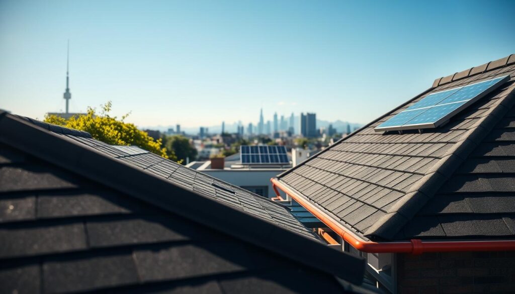 A detailed architectural rooftop scene showcasing different roofing materials and styles, emphasizing various angles of the roof structure. In the foreground, a well-maintained, sloped roof with shingles and a vibrant gutter system glistens in sunlight. The middle section features a flat roof equipped with solar panels and green vegetation, highlighting modern sustainability in design. In the background, a majestic skyline with buildings of varying heights under a clear blue sky creates a picturesque atmosphere. Soft, natural lighting enhances the textures and colors of the rooftops, while a slight depth of field focuses on the roofing details, suggesting an air of professionalism and careful craftsmanship. The overall mood is informative and inspiring, suitable for an audience interested in architecture and home improvement.