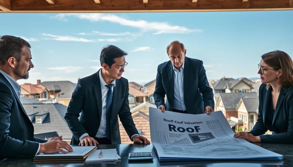 A detailed architectural scene showcasing various factors influencing roof valuation. In the foreground, a group of three professionals in smart business attire are discussing and analyzing blueprints of a roof, with a notepad and calculator on a table. In the middle, visualize a partially constructed roof, displaying different types of materials like shingles, tiles, and insulation. To the background, illustrate a residential neighborhood with varying roof styles and elevations under a clear blue sky, emphasizing the contrasts between different structures. The lighting is bright and natural, highlighting the textures of the materials and the expressions of the professionals, conveying a sense of informed decision-making and expertise in the valuation process. Overall, the mood is analytical and focused, capturing the essence of valuing a roof upgrade.