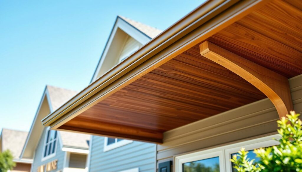 A detailed architectural visualization showcasing a roof eave extending prominently from a house. In the foreground, focus on the overhanging eave with intricate detailing in the woodwork, demonstrating the recommended length and design. The middle ground features a well-lit residential building, emphasizing the eave's coordination with the overall roof structure. In the background, a clear blue sky enhances the scene, creating a bright and inviting atmosphere. Use natural sunlight to highlight the materials and textures of the eave and siding, while a subtle depth of field draws attention to the roof's features. Capture the image from a low angle to emphasize the eave's prominence and architectural significance, ensuring no text or watermarks are included. A detailed architectural visualization showcasing a roof eave extending prominently from a house. In the foreground, focus on the overhanging eave with intricate detailing in the woodwork, demonstrating the recommended length and design. The middle ground features a well-lit residential building, emphasizing the eave's coordination with the overall roof structure. In the background, a clear blue sky enhances the scene, creating a bright and inviting atmosphere. Use natural sunlight to highlight the materials and textures of the eave and siding, while a subtle depth of field draws attention to the roof's features. Capture the image from a low angle to emphasize the eave's prominence and architectural significance, ensuring no text or watermarks are included.