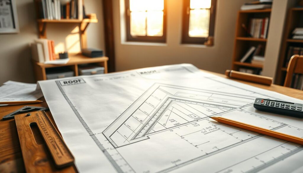 A detailed architectural workspace featuring a wooden drafting table with a set of traditional drafting tools including a protractor, ruler, and calculator, all surrounded by architectural blueprints of a gabled roof structure. A close-up focus on a half-completed blueprint illustrating the calculation of rafter angles and dimensions, with pencil marks highlighting specific measurements. In the background, soft natural light filters through a large window, illuminating the workspace and creating a warm, inviting atmosphere. A wall-mounted shelf displays textbooks and reference materials related to roof construction. The overall mood is professional and analytical, capturing the essence of precise calculations important for roof design. A detailed architectural workspace featuring a wooden drafting table with a set of traditional drafting tools including a protractor, ruler, and calculator, all surrounded by architectural blueprints of a gabled roof structure. A close-up focus on a half-completed blueprint illustrating the calculation of rafter angles and dimensions, with pencil marks highlighting specific measurements. In the background, soft natural light filters through a large window, illuminating the workspace and creating a warm, inviting atmosphere. A wall-mounted shelf displays textbooks and reference materials related to roof construction. The overall mood is professional and analytical, capturing the essence of precise calculations important for roof design.