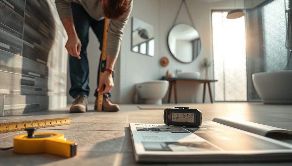 A detailed close-up image of a modern bathroom renovation in progress, showcasing a professional contractor measuring tiles on the floor with a digital measuring tape. In the foreground, tools like a tile cutter, adhesive, and a spirit level are neatly arranged. The middle ground features a partially tiled wall and an open design catalog displaying various tile options. The background reveals a stylish, well-lit bathroom with contemporary fixtures, including a sleek sink and a shower spa setup, creating a sense of luxury and professionalism. Soft, natural lighting filters through a frosted window, casting a warm glow, emphasizing the meticulous work involved in bathroom renovations. The mood is focused and industrious, reflecting the professional standards of bathroom remodeling.