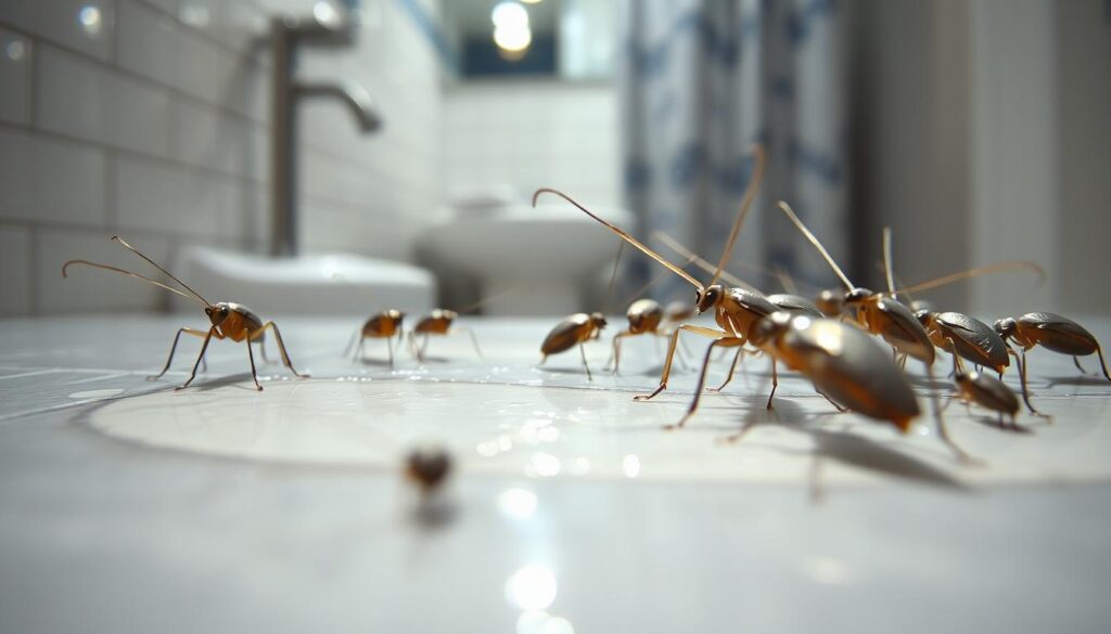 A detailed close-up of a grouping of "rybiki cukrowe," also known as sugar insects, in a bathroom environment. The foreground shows several of these small, silver-gray insects with their distinctive long antennae and glossy bodies, perched on a bathroom tile. In the middle ground, a subtle reflection of light glistens off the wet tiles, capturing their surroundings in a soft focus. The background features a dimly lit bathroom scene, with hints of a sink and shower curtain blurred to create depth and focus on the insects. The overall mood is informative yet slightly unsettling, aiming to illustrate the nature and behavior of these pests in a practical setting, with natural lighting emphasizing the texture of the tiles and the shiny bodies of the insects. A detailed close-up of a grouping of "rybiki cukrowe," also known as sugar insects, in a bathroom environment. The foreground shows several of these small, silver-gray insects with their distinctive long antennae and glossy bodies, perched on a bathroom tile. In the middle ground, a subtle reflection of light glistens off the wet tiles, capturing their surroundings in a soft focus. The background features a dimly lit bathroom scene, with hints of a sink and shower curtain blurred to create depth and focus on the insects. The overall mood is informative yet slightly unsettling, aiming to illustrate the nature and behavior of these pests in a practical setting, with natural lighting emphasizing the texture of the tiles and the shiny bodies of the insects.