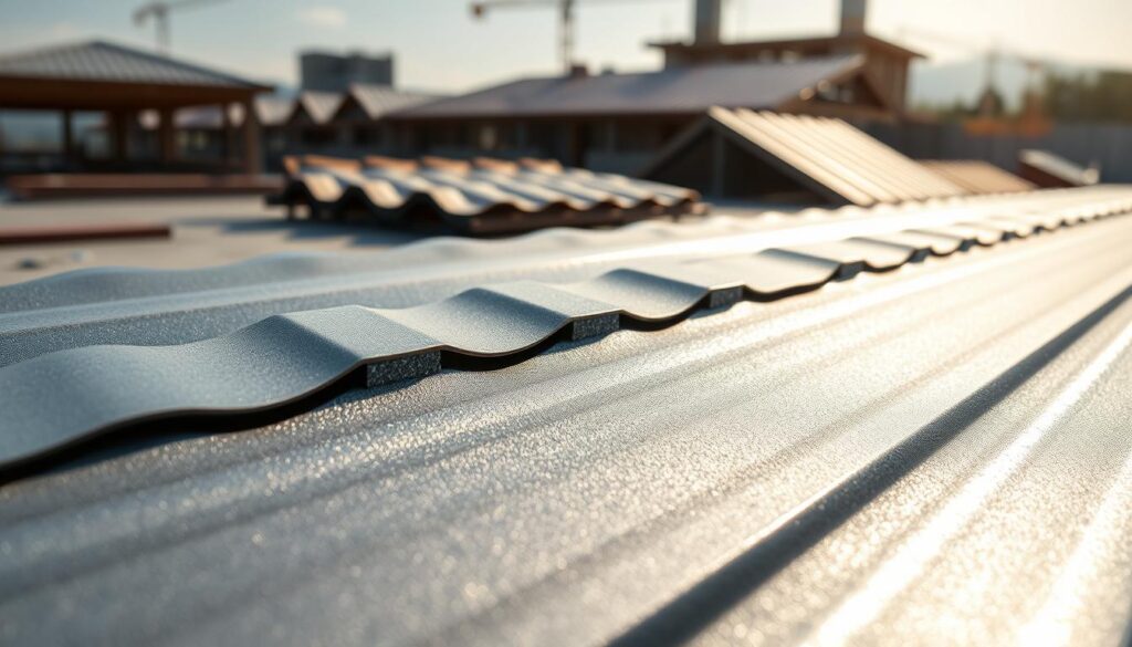 A detailed close-up of a metal roofing sheet, showcasing the intricate texture of its protective coating. The foreground features a gleaming section of the sheet, reflecting sunlight with a slight shimmer, highlighting the durability and finish of the metal. In the middle ground, an array of roofing sheets is visible, each displaying different coatings, textures, and colors, set on a flat surface for analysis. The background includes blurred hints of a construction site, with soft natural light filtering through, creating a serene yet professional atmosphere. The image should have a focus that includes fine details, capturing the essence of quality in roofing materials, with a shallow depth of field to emphasize the subject.