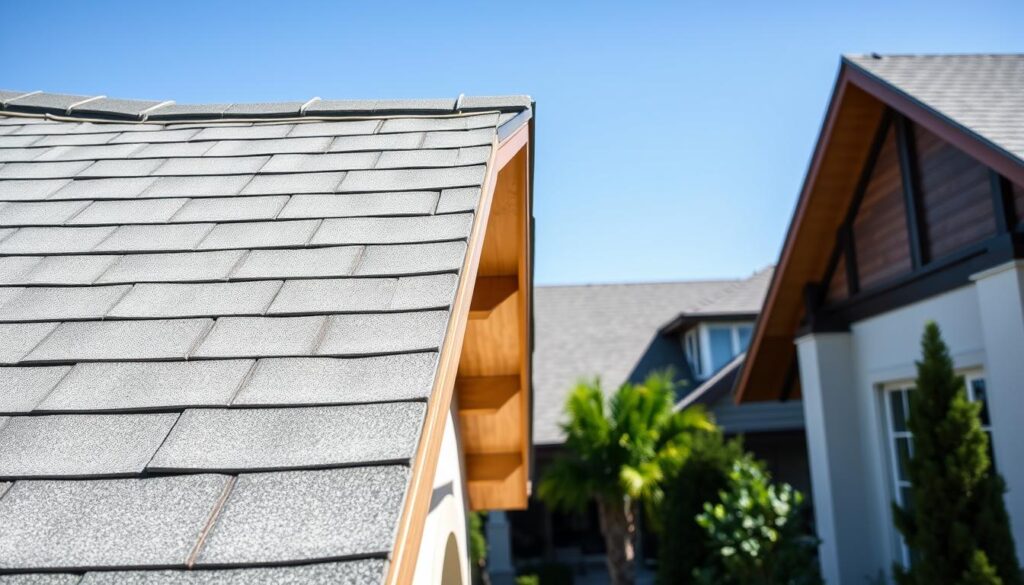 A detailed close-up of a sloped roof with a prominent, well-designed roof eave (okap dachowy) showcasing its architectural features. In the foreground, focus on the textured shingles, harmoniously blending with the wooden or metal elements of the eave that extends gracefully over the edges, providing shade. In the middle ground, depict the intricate design of the roof's drainage system, illustrating how it directs rainwater away from the walls, highlighting its functional aspects. The background should include a modern suburban home, surrounded by lush green landscaping, under a bright, clear blue sky. The lighting is natural and bright, emphasizing the elegance of the roof structure, while the atmosphere is serene, capturing the essence of well-planned architecture contributing to both aesthetics and functionality. A detailed close-up of a sloped roof with a prominent, well-designed roof eave (okap dachowy) showcasing its architectural features. In the foreground, focus on the textured shingles, harmoniously blending with the wooden or metal elements of the eave that extends gracefully over the edges, providing shade. In the middle ground, depict the intricate design of the roof's drainage system, illustrating how it directs rainwater away from the walls, highlighting its functional aspects. The background should include a modern suburban home, surrounded by lush green landscaping, under a bright, clear blue sky. The lighting is natural and bright, emphasizing the elegance of the roof structure, while the atmosphere is serene, capturing the essence of well-planned architecture contributing to both aesthetics and functionality.