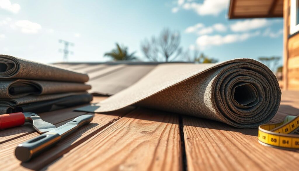 A detailed close-up view of high-quality roofing felt (polecana papa do dachu) laid on a wooden deck, showcasing the texture and material quality. In the foreground, feature rolls of roofing felt stacked neatly alongside tools for installation, like a utility knife and measuring tape. In the middle ground, depict the roofing felt partially unrolled on a wooden structure, showing the grain of the wood and how the felt adheres to it. The background should feature a bright, sunny outdoor scene with clear blue skies and a hint of nearby trees. Soft, natural lighting enhances the texture of the materials, creating an inviting atmosphere. The angle is slightly above eye level, providing a comprehensive view of the roofing system.