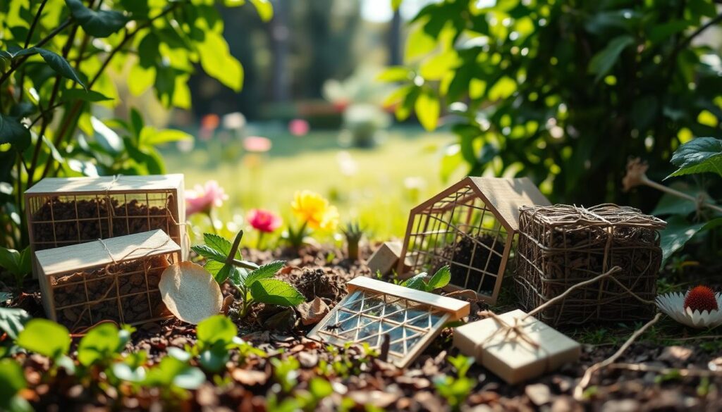 A detailed composition featuring various ant traps in a serene garden setting. In the foreground, showcase different types of traps, such as bait traps, sticky traps, and DIY versions made from natural materials, arranged creatively. The middle ground includes lush green plants, flowers, and an anthill partially visible, indicating the context of the traps. In the background, a soft-focus garden landscape with sunlight filtering through leaves creates a warm, inviting atmosphere. Use bright, natural lighting to emphasize the vibrant colors of the garden. The overall mood should convey a sense of tranquility and effective pest control in harmony with nature. Capture this scene from a slightly elevated angle to provide depth. A detailed composition featuring various ant traps in a serene garden setting. In the foreground, showcase different types of traps, such as bait traps, sticky traps, and DIY versions made from natural materials, arranged creatively. The middle ground includes lush green plants, flowers, and an anthill partially visible, indicating the context of the traps. In the background, a soft-focus garden landscape with sunlight filtering through leaves creates a warm, inviting atmosphere. Use bright, natural lighting to emphasize the vibrant colors of the garden. The overall mood should convey a sense of tranquility and effective pest control in harmony with nature. Capture this scene from a slightly elevated angle to provide depth.