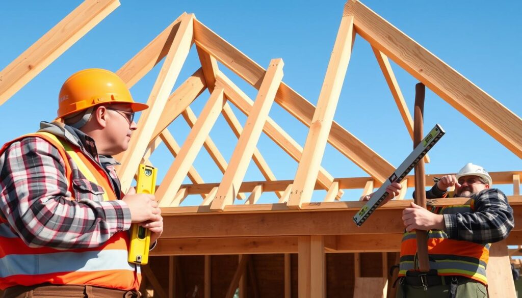 A detailed construction scene focusing on common mistakes in the installation of roof rafters. In the foreground, depict a worker in a hard hat and safety gear, holding a spirit level, examining an incorrectly angled rafter. In the middle ground, show several rafters installed incorrectly with noticeable gaps and misalignments. Ensure one rafter is sagging, highlighting improper support. The background features a partially constructed single-pitched roof under a clear blue sky, with tools and materials scattered around, like a circular saw and wood planks. Use natural daylight to enhance visibility and clarity, emphasizing the structural aspects of the installation. The overall mood is instructive and cautionary, drawing attention to the importance of precision in construction. A detailed construction scene focusing on common mistakes in the installation of roof rafters. In the foreground, depict a worker in a hard hat and safety gear, holding a spirit level, examining an incorrectly angled rafter. In the middle ground, show several rafters installed incorrectly with noticeable gaps and misalignments. Ensure one rafter is sagging, highlighting improper support. The background features a partially constructed single-pitched roof under a clear blue sky, with tools and materials scattered around, like a circular saw and wood planks. Use natural daylight to enhance visibility and clarity, emphasizing the structural aspects of the installation. The overall mood is instructive and cautionary, drawing attention to the importance of precision in construction.