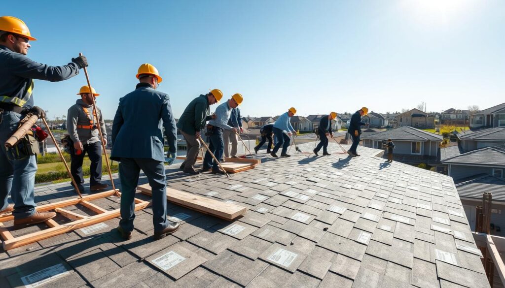 A detailed construction scene illustrating the labor costs of roofing in 2026. In the foreground, a diverse group of workers in professional business attire is shown collaborating on a new roof installation, using various tools and equipment. The middle ground features a partially completed roof, showcasing materials like shingles and insulation, with a clear focus on labor activities. In the background, a sunny sky illuminates the construction site, with distant homes reflecting modern architecture. The atmosphere is industrious and professional, emphasizing teamwork and efficiency. The image should be bright and well-lit, capturing a wide-angle view to provide context, while ensuring clarity and depth in all elements.