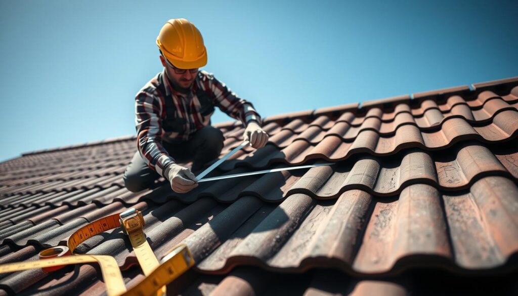 A detailed construction scene showcasing a professional roofing contractor carefully measuring and marking the layout for tile placement on a sloped roof. In the foreground, tools like a measuring tape and chalk line are prominently displayed, while the contractor, dressed in a safety helmet and a work shirt, is focused on aligning the first roofing tiles with precision. The middle ground features a partially completed roof covered in interlocking tiles, demonstrating proper spacing between the tiles for optimal water drainage. The background reveals a clear blue sky, emphasizing a sunny day, while soft shadows provide a sense of depth. The atmosphere is industrious and methodical, evoking professionalism in roofing work. A slight upward angle captures the full perspective of the roof’s slope.