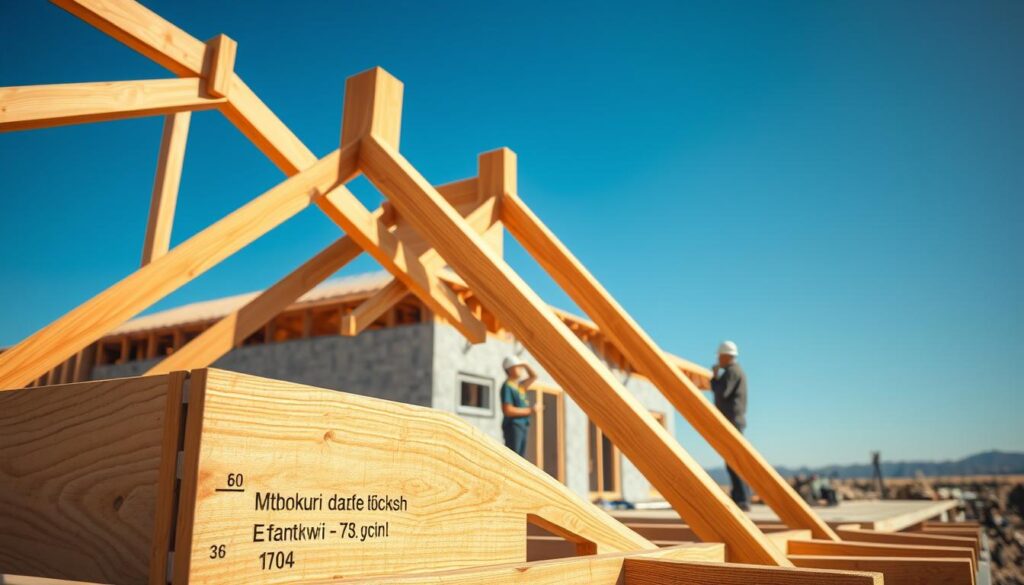 A detailed construction scene showcasing "normy krokwi dachowych" with a focus on the structural integrity of roof trusses. In the foreground, a set of wooden roof rafters is precisely arranged to illustrate standard measurements and spacing, featuring detailed wood textures and engravings of architectural markings. The middle ground captures an open construction site, where workers in professional attire are inspecting the rafters and discussing compliance regulations; their tools are neatly organized, adding a sense of order and professionalism. The background displays a half-finished building with clear blue skies illuminating the construction area, casting soft shadows, creating a warm and industrious atmosphere. Use natural daylight to enhance the realism, and capture the scene with a slightly angled perspective to emphasize the height and scale of the rafters. A detailed construction scene showcasing "normy krokwi dachowych" with a focus on the structural integrity of roof trusses. In the foreground, a set of wooden roof rafters is precisely arranged to illustrate standard measurements and spacing, featuring detailed wood textures and engravings of architectural markings. The middle ground captures an open construction site, where workers in professional attire are inspecting the rafters and discussing compliance regulations; their tools are neatly organized, adding a sense of order and professionalism. The background displays a half-finished building with clear blue skies illuminating the construction area, casting soft shadows, creating a warm and industrious atmosphere. Use natural daylight to enhance the realism, and capture the scene with a slightly angled perspective to emphasize the height and scale of the rafters.