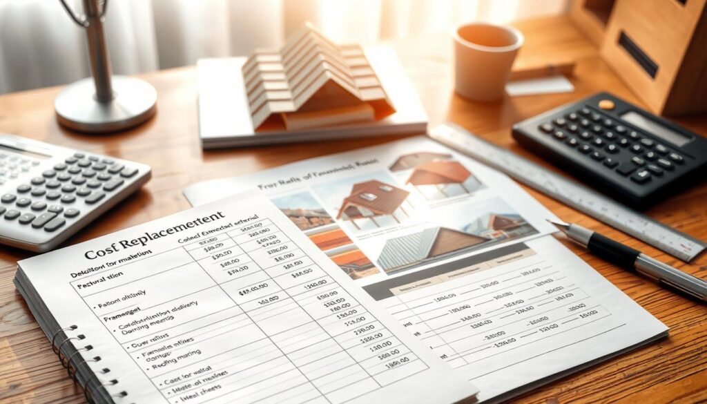 A detailed cost estimate for a roof replacement, illustrated as an organized, visual document on a wooden desk. In the foreground, an open ledger with neatly written figures, breakdowns of costs for demolition, framework, and roofing material, with a calculator and a pen beside it. In the middle, a spread of actual images of roofing materials, like shingles and metal sheets, alongside blueprints and a ruler, conveying planning and precision. In the background, soft natural light filtering through a window, creating a warm and professional workspace atmosphere. The scene should evoke a sense of thoroughness and attention to detail, suitable for a business context, without any text or distractions from the main focus.