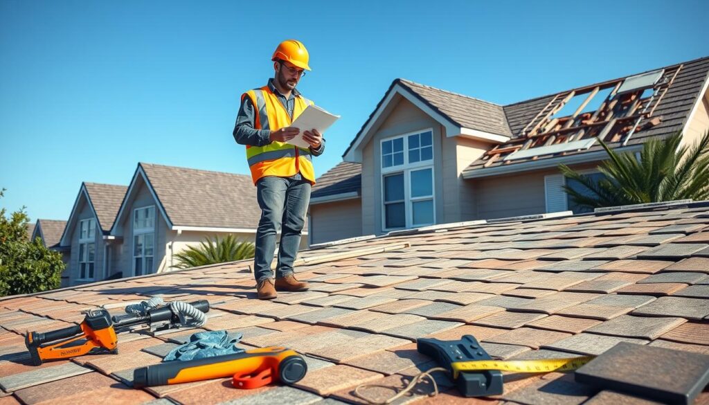 A detailed depiction of a roof replacement scene, showing a professional contractor inspecting a 100 m² roof. In the foreground, the contractor, dressed in a safety helmet and reflective vest, stands on a ladder, holding a clipboard and discussing plans with a homeowner. The middle ground features various roofing materials, like tiles and shingles, neatly arranged on the ground, alongside tools such as a nail gun and measuring tape. The background captures a suburban home with part of the old roof being dismantled, under a clear blue sky. The lighting is bright and natural, casting soft shadows that create a realistic atmosphere, emphasizing the importance of planning and budgeting in roof replacement. A detailed depiction of a roof replacement scene, showing a professional contractor inspecting a 100 m² roof. In the foreground, the contractor, dressed in a safety helmet and reflective vest, stands on a ladder, holding a clipboard and discussing plans with a homeowner. The middle ground features various roofing materials, like tiles and shingles, neatly arranged on the ground, alongside tools such as a nail gun and measuring tape. The background captures a suburban home with part of the old roof being dismantled, under a clear blue sky. The lighting is bright and natural, casting soft shadows that create a realistic atmosphere, emphasizing the importance of planning and budgeting in roof replacement.