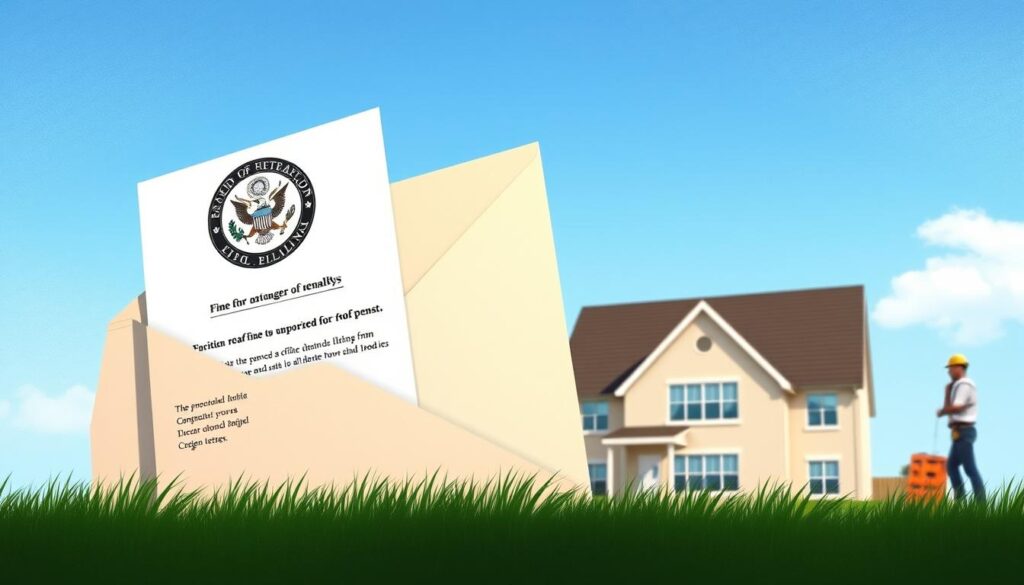 A detailed illustration depicting a formal notice of a fine for unauthorized roof changes. In the foreground, a large, crisp envelope is partly open, revealing a prominent government seal and a written notice about penalties. The middle ground features a residential home under a blue sky, showcasing a newly installed roof that’s visually distinct from the original design to highlight the change. In the background, a subtle silhouette of a contractor inspecting the roof, dressed in professional attire, emphasizes the theme of compliance. Soft, natural lighting illuminates the scene, creating a serious yet informative atmosphere. The angle captures both the notice and the house together, symbolizing the consequences of unauthorized renovations.