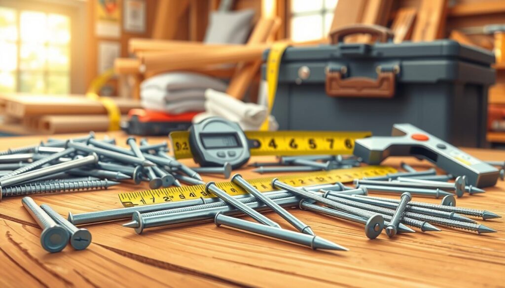 A detailed illustration depicting a variety of nails specifically suited for roofing, laid out on a wooden workbench. In the foreground, showcase different types of nails including roofing nails and framing nails, with a focus on their lengths and heads. The middle of the scene features a set of measuring tools, such as a tape measure and caliper, highlighting the importance of choosing the right nail size. In the background, a softly blurred toolbox and construction materials hint at a roofing job environment. The lighting is warm and inviting, simulating natural daylight coming from a nearby window, creating a professional, industrious atmosphere. The composition should evoke a sense of expertise and guidance, suggesting thoughtful selection and care in roofing projects.