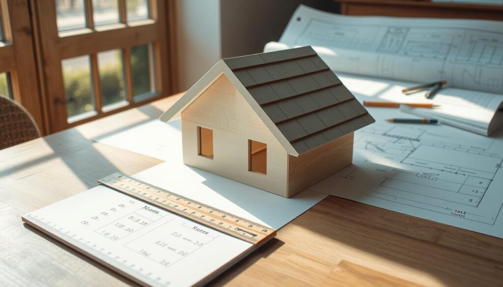 A detailed illustration of a gabled roof structure showing various methods for calculating its surface area. In the foreground, a wooden scale ruler and a notepad with calculations are placed on a table, symbolizing precise measurements. The middle ground features a two-slope roof model, annotated with clear markings indicating dimensions and angles. In the background, a partially completed architectural plan rolls out on a drafting table, with a compass and pencil lying nearby. The scene is well-lit with natural daylight streaming in from a nearby window, casting soft shadows. The atmosphere is professional and educational, capturing the essence of architectural design and calculation techniques.