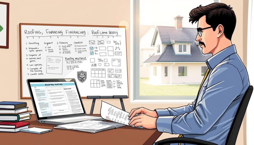 A detailed illustration of a roofing financing procedure scene, featuring a well-organized desk with documents and a laptop displaying grant applications. In the foreground, a professional-looking individual in business attire reviews blueprints and funding guidelines with a focused expression. The middle ground depicts a whiteboard filled with diagrams and checklists related to roofing grants and necessary paperwork. In the background, soft natural light filters through a window, illuminating a residential building with a freshly installed roof, symbolizing success in obtaining funding. The atmosphere is one of determination and clarity, highlighting the process of securing financial assistance for roof replacement. The image should be balanced and visually organized, with no text or branding present. A detailed illustration of a roofing financing procedure scene, featuring a well-organized desk with documents and a laptop displaying grant applications. In the foreground, a professional-looking individual in business attire reviews blueprints and funding guidelines with a focused expression. The middle ground depicts a whiteboard filled with diagrams and checklists related to roofing grants and necessary paperwork. In the background, soft natural light filters through a window, illuminating a residential building with a freshly installed roof, symbolizing success in obtaining funding. The atmosphere is one of determination and clarity, highlighting the process of securing financial assistance for roof replacement. The image should be balanced and visually organized, with no text or branding present.