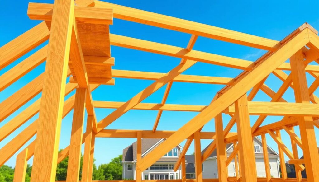 A detailed illustration of a single-slope roof construction, featuring a wooden framework with well-defined rafters and cross bracing. In the foreground, showcase various roof components like rafters, purlins, and a ridge beam, detailed with realistic textures to highlight their structural integrity. The middle ground displays a partially completed roof, angled gracefully against a clear blue sky, with sunlight casting soft shadows for depth. The background includes a distant view of a residential building, emphasizing the roof's practical application. Use a slight upward angle to emphasize the roof's slope, creating a dynamic perspective. The mood should convey professionalism and clarity, suitable for an instructional context. A detailed illustration of a single-slope roof construction, featuring a wooden framework with well-defined rafters and cross bracing. In the foreground, showcase various roof components like rafters, purlins, and a ridge beam, detailed with realistic textures to highlight their structural integrity. The middle ground displays a partially completed roof, angled gracefully against a clear blue sky, with sunlight casting soft shadows for depth. The background includes a distant view of a residential building, emphasizing the roof's practical application. Use a slight upward angle to emphasize the roof's slope, creating a dynamic perspective. The mood should convey professionalism and clarity, suitable for an instructional context.