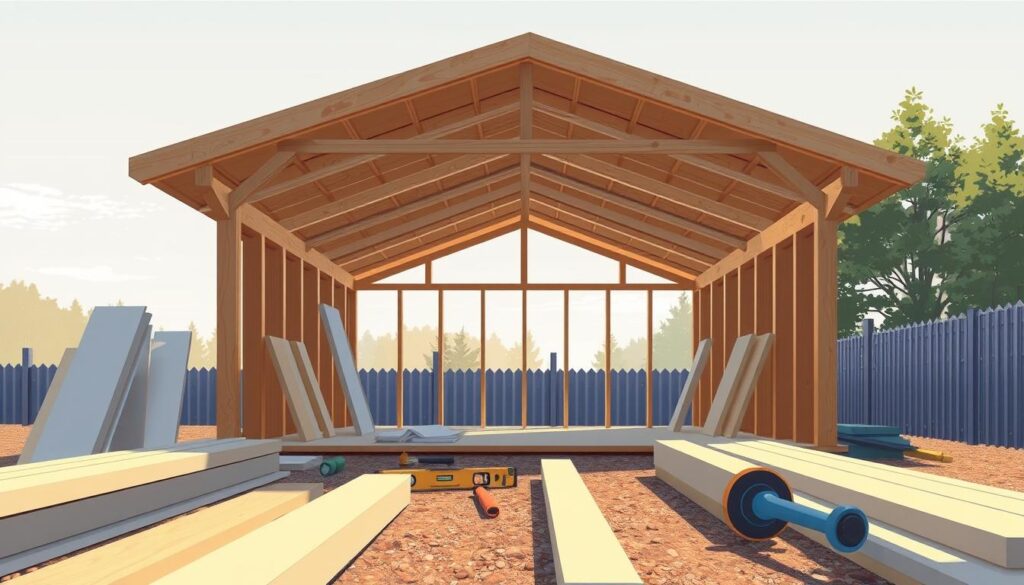 A detailed illustration of a single-slope roof structure, showcasing the assembly process of a "wiata" (shed) with a clean, modern design. In the foreground, display various materials like timber beams and roofing panels, neatly arranged for construction. The middle ground should feature the partially constructed shed, emphasizing the steep roof and open sides, allowing natural light to filter through. Include tools like a level and a hammer, indicating an ongoing building process. In the background, depict a serene outdoor setting with trees and a clear sky, creating a calm and focused atmosphere. Use soft, warm lighting that highlights the textures of the wood and metal, capturing a sense of craftsmanship and tranquility. The angle should be slightly elevated, showcasing the roof's slope and the overall structure. A detailed illustration of a single-slope roof structure, showcasing the assembly process of a "wiata" (shed) with a clean, modern design. In the foreground, display various materials like timber beams and roofing panels, neatly arranged for construction. The middle ground should feature the partially constructed shed, emphasizing the steep roof and open sides, allowing natural light to filter through. Include tools like a level and a hammer, indicating an ongoing building process. In the background, depict a serene outdoor setting with trees and a clear sky, creating a calm and focused atmosphere. Use soft, warm lighting that highlights the textures of the wood and metal, capturing a sense of craftsmanship and tranquility. The angle should be slightly elevated, showcasing the roof's slope and the overall structure.