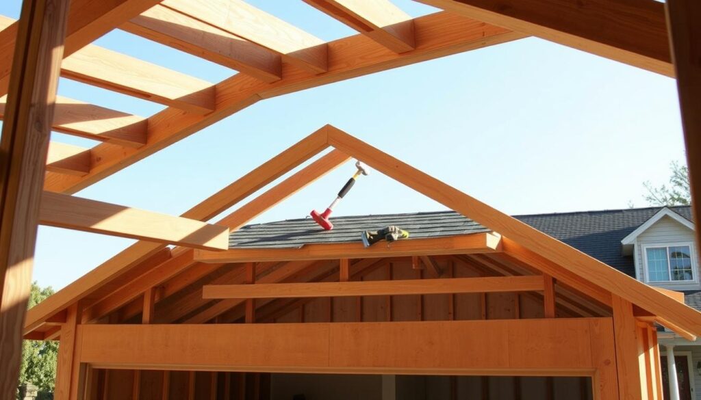 A detailed illustration of a sloped roof construction for a garage, showcasing the framework and materials used. In the foreground, there are wooden beams and rafters arranged in a triangular shape, demonstrating the construction process. The middle layer features a partially constructed sloped roof with shingles being installed, highlighting tools such as a hammer and safety equipment. The background includes a garage structure with a simple architecture and an inviting atmosphere, under a clear blue sky. Soft, natural lighting illuminates the scene, creating a warm mood. The angle is slightly elevated to provide a comprehensive view of the construction process and surrounding environment, emphasizing clarity and professional craftsmanship. A detailed illustration of a sloped roof construction for a garage, showcasing the framework and materials used. In the foreground, there are wooden beams and rafters arranged in a triangular shape, demonstrating the construction process. The middle layer features a partially constructed sloped roof with shingles being installed, highlighting tools such as a hammer and safety equipment. The background includes a garage structure with a simple architecture and an inviting atmosphere, under a clear blue sky. Soft, natural lighting illuminates the scene, creating a warm mood. The angle is slightly elevated to provide a comprehensive view of the construction process and surrounding environment, emphasizing clarity and professional craftsmanship.