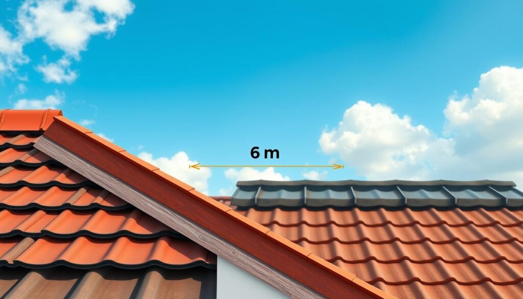 A detailed illustration of a sloped roof demonstrating a 6-meter drop, showcasing various roofing materials including metal sheets, bitumen, and tiles. In the foreground, incorporate a structured roof edge with clear visibility of the slope gradient. In the middle, place a well-defined measurement scale highlighting the 6-meter drop, enhancing the technical aspect. The background should feature a blue sky with fluffy clouds, suggesting a sunny day. Use soft, natural lighting to create an inviting atmosphere, emphasizing the textures of the roofing materials. Capture the scene from a low-angle perspective to highlight the steepness of the roof, ensuring the image is informative and visually engaging for readers.