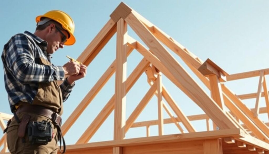A detailed illustration of constructing a hipped roof, focusing on key joints and corner rafters. In the foreground, a carpenter in professional work attire is carefully measuring and cutting wooden rafters with precision tools. In the middle, an incomplete hipped roof structure showcases the intricacies of the joints and the unique angles of the rafters, highlighting the craftsmanship involved. The background features a clear blue sky and a wooden scaffolding system, emphasizing a construction site atmosphere. Soft, natural lighting illuminates the scene, creating realistic shadows that enhance the three-dimensionality of the roof structure. The overall mood conveys focus and professionalism in the craft of roofing, illustrating essential techniques and practical tips for building a hipped roof. A detailed illustration of constructing a hipped roof, focusing on key joints and corner rafters. In the foreground, a carpenter in professional work attire is carefully measuring and cutting wooden rafters with precision tools. In the middle, an incomplete hipped roof structure showcases the intricacies of the joints and the unique angles of the rafters, highlighting the craftsmanship involved. The background features a clear blue sky and a wooden scaffolding system, emphasizing a construction site atmosphere. Soft, natural lighting illuminates the scene, creating realistic shadows that enhance the three-dimensionality of the roof structure. The overall mood conveys focus and professionalism in the craft of roofing, illustrating essential techniques and practical tips for building a hipped roof.