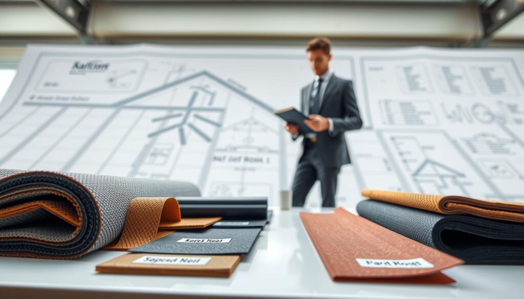 A detailed illustration of technical parameters of roofing membranes, showcasing various types of membrane material in an organized manner. The foreground features a selection of membrane samples with distinct textures and colors, clearly labeled, and arranged on a clean, modern presentation surface. In the middle ground, a professional individual in business attire examines the samples, holding a notepad, emphasizing a methodical approach to roofing material selection. The background showcases a blueprint of a roof with technical specifications, subtly blurred to maintain focus on the foreground elements. Soft, natural lighting illuminates the scene, with a slight tilt perspective to create depth. The overall mood is technical yet inviting, ideal for a focused educational context. The image should be crisp and detailed, conveying professionalism and clarity.