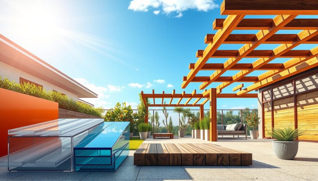 A detailed illustration showcasing various roofing materials for terrace coverings, arranged as a visually engaging composition. In the foreground, display distinct samples of polycarbonate sheets, glass panels, metal sheets, and a wooden pergola. In the middle ground, create a garden terrace setting with these materials seamlessly integrated into a modern architectural design. In the background, feature a clear blue sky with soft, diffused sunlight illuminating the scene, creating a warm and inviting atmosphere. Use a slightly elevated angle to capture the spatial arrangement and textures of each material, emphasizing their unique characteristics and benefits. The overall mood should reflect a sense of tranquility and contemporary living. A detailed illustration showcasing various roofing materials for terrace coverings, arranged as a visually engaging composition. In the foreground, display distinct samples of polycarbonate sheets, glass panels, metal sheets, and a wooden pergola. In the middle ground, create a garden terrace setting with these materials seamlessly integrated into a modern architectural design. In the background, feature a clear blue sky with soft, diffused sunlight illuminating the scene, creating a warm and inviting atmosphere. Use a slightly elevated angle to capture the spatial arrangement and textures of each material, emphasizing their unique characteristics and benefits. The overall mood should reflect a sense of tranquility and contemporary living.