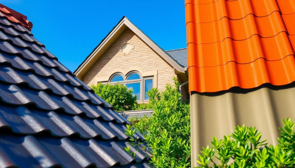 A detailed image of a sloped gable roof featuring the best roofing sheet options for that style. In the foreground, showcase a close-up of various roofing sheets, highlighting their textures, colors, and finishes—metallic, matte, and coated options glistening under natural light. The middle ground reveals a beautifully constructed gable roof, showcasing symmetry and architectural elegance, adorned with vibrant green surroundings. In the background, a clear blue sky contrasts with the roof's multiple angles. The lighting is bright and airy, enhancing the metallic sheen of the roofing materials. The scene conveys a sense of reliability and quality, making it ideal for readers seeking information on selecting roofing materials that are cost-effective and noise-reducing.