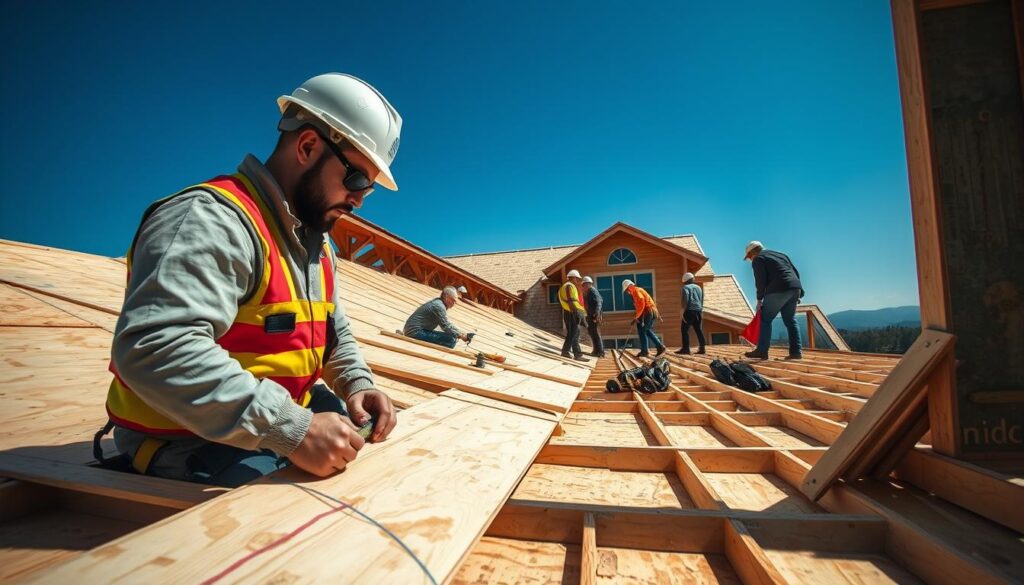 A detailed rooftop construction scene showcasing the usage of roof sheathing. In the foreground, a skilled worker in a hard hat and safety gear meticulously measures and positions plywood sheets for the roof framework. In the middle ground, additional workers are collaborating, aligning materials and ensuring structural integrity, while tools and equipment are strategically placed around them. The background features a partially completed house, with clear blue skies overhead, highlighting the importance of proper installation for longevity. Natural sunlight casts dynamic shadows, creating an uplifting and industrious atmosphere. The image should have a slight tilt-up angle to draw attention to the roof’s structure and intricate details, emphasizing the investment value in roofing technology.