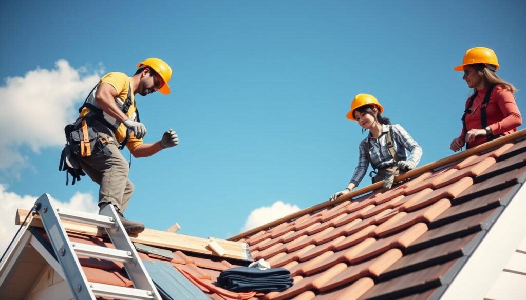 A detailed scene depicting a roof installation process on a modern house. In the foreground, a professional male and female roofer, dressed in modest work attire and hard hats, are carefully placing ceramic tiles onto a sloped roof, showcasing teamwork and precision. In the middle ground, tools such as a ladder, safety harnesses, and various roofing materials like shingles and metal sheets add context to the task at hand. The background features a clear blue sky with a few fluffy clouds, creating a bright and optimistic atmosphere. The sunlight casts soft shadows, illuminating the vibrant colors of the tiles and the house. Shot from a low angle, emphasizing the height of the roof and the skill involved in installation, creating a sense of professionalism and diligence. A detailed scene depicting a roof installation process on a modern house. In the foreground, a professional male and female roofer, dressed in modest work attire and hard hats, are carefully placing ceramic tiles onto a sloped roof, showcasing teamwork and precision. In the middle ground, tools such as a ladder, safety harnesses, and various roofing materials like shingles and metal sheets add context to the task at hand. The background features a clear blue sky with a few fluffy clouds, creating a bright and optimistic atmosphere. The sunlight casts soft shadows, illuminating the vibrant colors of the tiles and the house. Shot from a low angle, emphasizing the height of the roof and the skill involved in installation, creating a sense of professionalism and diligence.