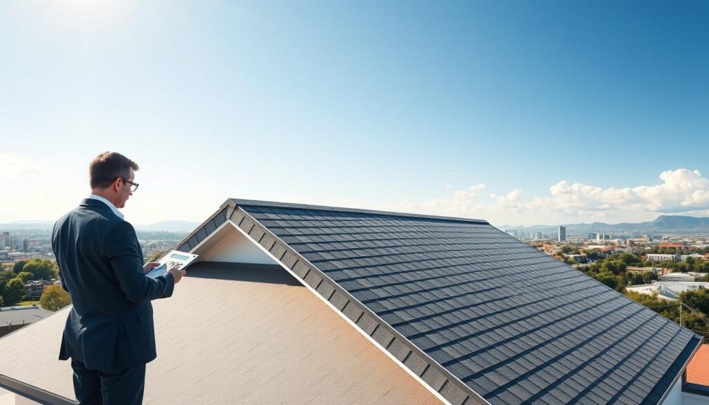 A detailed scene depicting a sloped roof with clear geometric lines, illustrating the calculation of its surface area. In the foreground, a person in professional business attire stands with a notepad and calculator, examining the roof's measurements. In the middle ground, the roof features a striking angle, showcasing its dual slopes, with an emphasis on the eaves and overhangs. The background should include a picturesque skyline under a sunny sky, casting natural soft shadows on the roof. This scene should evoke a sense of professionalism and clarity, using bright outdoor lighting to enhance the detailing of the roof and the person engaged in measurement. The atmosphere is focused and analytical, ideal for discussing the importance of roof area calculation.