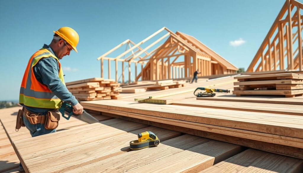 A detailed scene illustrating a roofing construction site with wooden boards laid out for roof decking. In the foreground, include a construction worker wearing a hard hat and safety gear, diligently measuring and cutting lumber with a handsaw. The middle ground showcases stacks of timber and tools like a tape measure and chalk line, creating a sense of active work. In the background, portray a partially constructed house with a clear blue sky, emphasizing the building process. The lighting is bright and natural, evoking a sunny day, while the angle focuses on the action and craftsmanship, conveying a hardworking, industrious atmosphere.