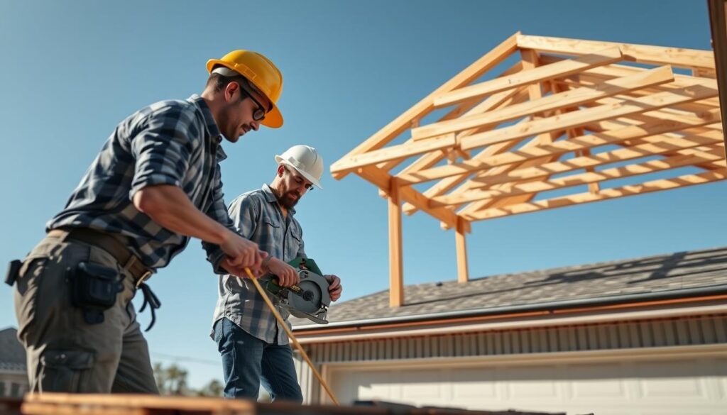 A detailed scene of a professional construction crew conducting a roof installation on a concrete garage. In the foreground, two workers in modest casual clothing are measuring and cutting roofing materials, showcasing tools like a circular saw and a tape measure. The middle ground features a partially completed roof structure with sloped beams, highlighting a focus on proper drainage. In the background, a clear blue sky provides natural lighting, accentuating the dynamic atmosphere of a productive worksite. Capture the technical details of roofing elements such as shingles being laid, and ensure the perspective is slightly elevated to emphasize the roof’s slope. The overall mood should convey diligence and teamwork in a well-organized construction environment. A detailed scene of a professional construction crew conducting a roof installation on a concrete garage. In the foreground, two workers in modest casual clothing are measuring and cutting roofing materials, showcasing tools like a circular saw and a tape measure. The middle ground features a partially completed roof structure with sloped beams, highlighting a focus on proper drainage. In the background, a clear blue sky provides natural lighting, accentuating the dynamic atmosphere of a productive worksite. Capture the technical details of roofing elements such as shingles being laid, and ensure the perspective is slightly elevated to emphasize the roof’s slope. The overall mood should convey diligence and teamwork in a well-organized construction environment.
