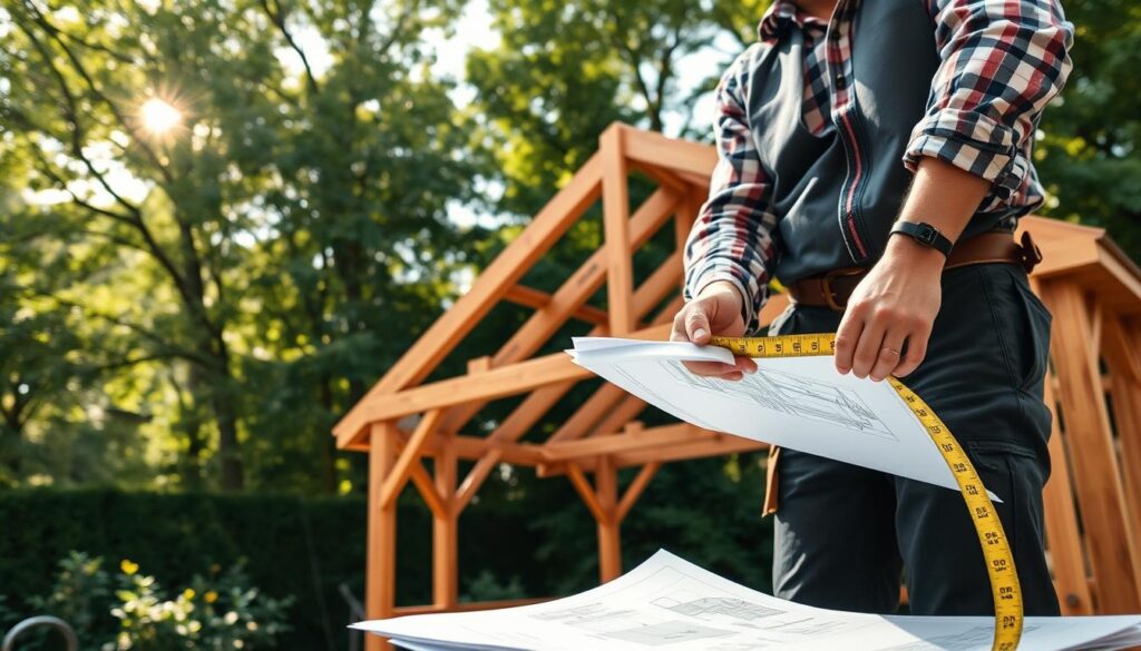 A detailed scene of measuring a hipped roof, showcasing a knowledgeable contractor in professional attire using a tape measure and architectural plans. In the foreground, focus on the contractor's hands holding the tape measure against the sloping roof structure. The middle ground features a partially constructed wooden frame of a gazebo with angled roof beams being measured for accuracy. In the background, lush greenery surrounds the site, with soft sunlight streaming through the trees, casting gentle shadows. The atmosphere is organized and industrious, highlighting the precision and planning involved in roofing projects. Use a slightly elevated angle to capture the roof's shape and the planning process effectively. A detailed scene of measuring a hipped roof, showcasing a knowledgeable contractor in professional attire using a tape measure and architectural plans. In the foreground, focus on the contractor's hands holding the tape measure against the sloping roof structure. The middle ground features a partially constructed wooden frame of a gazebo with angled roof beams being measured for accuracy. In the background, lush greenery surrounds the site, with soft sunlight streaming through the trees, casting gentle shadows. The atmosphere is organized and industrious, highlighting the precision and planning involved in roofing projects. Use a slightly elevated angle to capture the roof's shape and the planning process effectively.