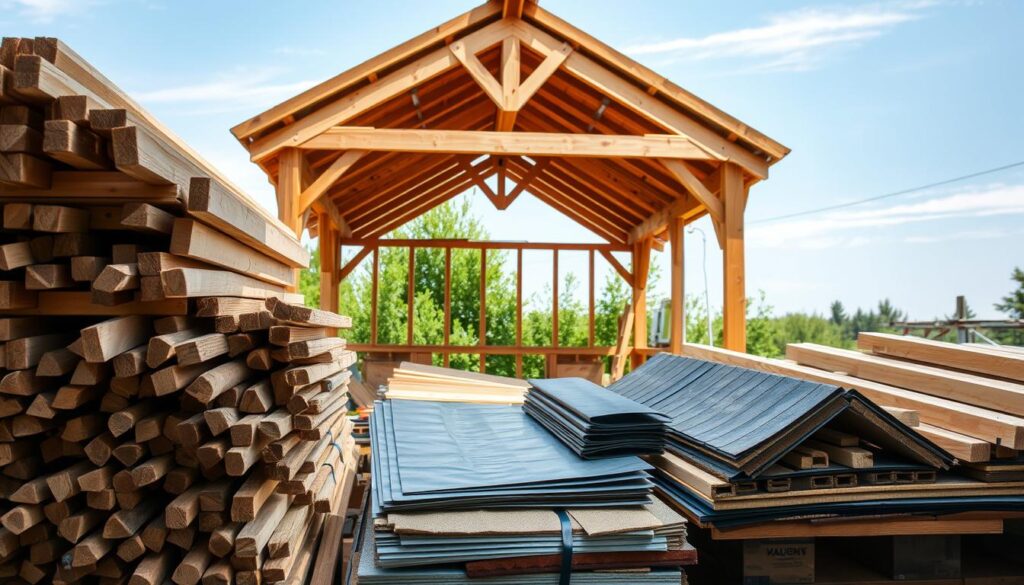 A detailed scene showcasing essential materials for building a gazebo roof. In the foreground, neatly organized bundles of wooden rafters and trusses, showcasing different types and sizes for constructing a stable roof structure. In the middle, an assortment of roofing materials including shingles, metal sheets, and waterproof membranes spread out on a workbench. The background features a partially constructed gazebo with framed walls and an unfinished roof, surrounded by greenery under a clear blue sky. Soft, natural lighting highlights the textures of the wood and materials, creating an inviting workshop atmosphere. The image captures a sense of craftsmanship and inspiration for DIY builders, providing a visual representation of the necessary components for a gazebo roof construction. A detailed scene showcasing essential materials for building a gazebo roof. In the foreground, neatly organized bundles of wooden rafters and trusses, showcasing different types and sizes for constructing a stable roof structure. In the middle, an assortment of roofing materials including shingles, metal sheets, and waterproof membranes spread out on a workbench. The background features a partially constructed gazebo with framed walls and an unfinished roof, surrounded by greenery under a clear blue sky. Soft, natural lighting highlights the textures of the wood and materials, creating an inviting workshop atmosphere. The image captures a sense of craftsmanship and inspiration for DIY builders, providing a visual representation of the necessary components for a gazebo roof construction.