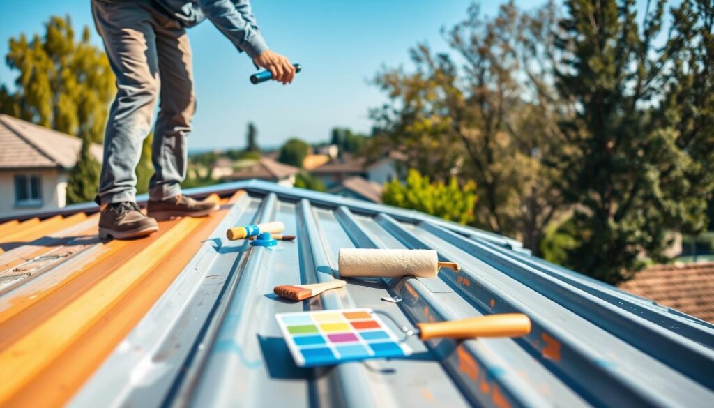 A detailed step-by-step depiction of painting a metal roof. In the foreground, a professional in smart casual clothing is carefully applying paint to a sloped metal roof using a roller, showcasing proper technique. In the middle section, various painting tools such as brushes, rollers, and a paint tray are visible, with a color palette arranged neatly beside them. The background features a suburban landscape with clear blue skies, trees, and a distant view of other houses, emphasizing the environment. The lighting is bright and natural, creating a clean and vibrant atmosphere. The angle captures the action from a slightly low perspective, enhancing the importance of the task. The overall mood is focused and industrious, illustrating the diligence involved in proper roof painting. A detailed step-by-step depiction of painting a metal roof. In the foreground, a professional in smart casual clothing is carefully applying paint to a sloped metal roof using a roller, showcasing proper technique. In the middle section, various painting tools such as brushes, rollers, and a paint tray are visible, with a color palette arranged neatly beside them. The background features a suburban landscape with clear blue skies, trees, and a distant view of other houses, emphasizing the environment. The lighting is bright and natural, creating a clean and vibrant atmosphere. The angle captures the action from a slightly low perspective, enhancing the importance of the task. The overall mood is focused and industrious, illustrating the diligence involved in proper roof painting.