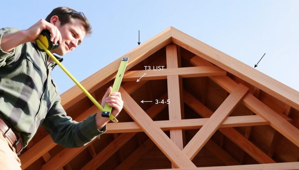 A detailed step-by-step instruction sheet for setting the diagonal of a roof structure, featuring a close-up view of essential tools like a measuring tape, level, and triangular framing square. In the foreground, a professional-looking carpenter in modest casual clothing is measuring and aligning the diagonal, demonstrating the "3-4-5" method with precision. The middle ground highlights the partially constructed roof framework, showcasing rafters and supports, while the background provides a clear blue sky. Soft, natural lighting illuminates the scene, casting gentle shadows that enhance the dimensionality of the tools. The overall mood is focused and informative, emphasizing clarity and accuracy in construction techniques. No text or overlays present, allowing the visual elements to clearly convey the instructional message.