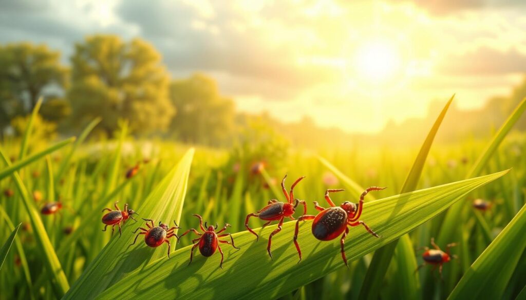 A detailed, vibrant illustration depicting the impact of climate change on tick populations. In the foreground, a close-up view of ticks on a green blade of grass, showcasing their distinctive shapes and textures. In the middle ground, a sunlit garden scene demonstrating changing weather patterns, such as unusual rain or warm sunlight, with lush vegetation indicating the effects of climate change. The background features a blurred landscape of trees and a cloudy sky, suggesting an imbalance in nature. The lighting is warm and slightly diffused, creating a serene yet concerned atmosphere. The image should evoke a sense of urgency regarding ecological changes while remaining safe for work, with no text or logos. A detailed, vibrant illustration depicting the impact of climate change on tick populations. In the foreground, a close-up view of ticks on a green blade of grass, showcasing their distinctive shapes and textures. In the middle ground, a sunlit garden scene demonstrating changing weather patterns, such as unusual rain or warm sunlight, with lush vegetation indicating the effects of climate change. The background features a blurred landscape of trees and a cloudy sky, suggesting an imbalance in nature. The lighting is warm and slightly diffused, creating a serene yet concerned atmosphere. The image should evoke a sense of urgency regarding ecological changes while remaining safe for work, with no text or logos.