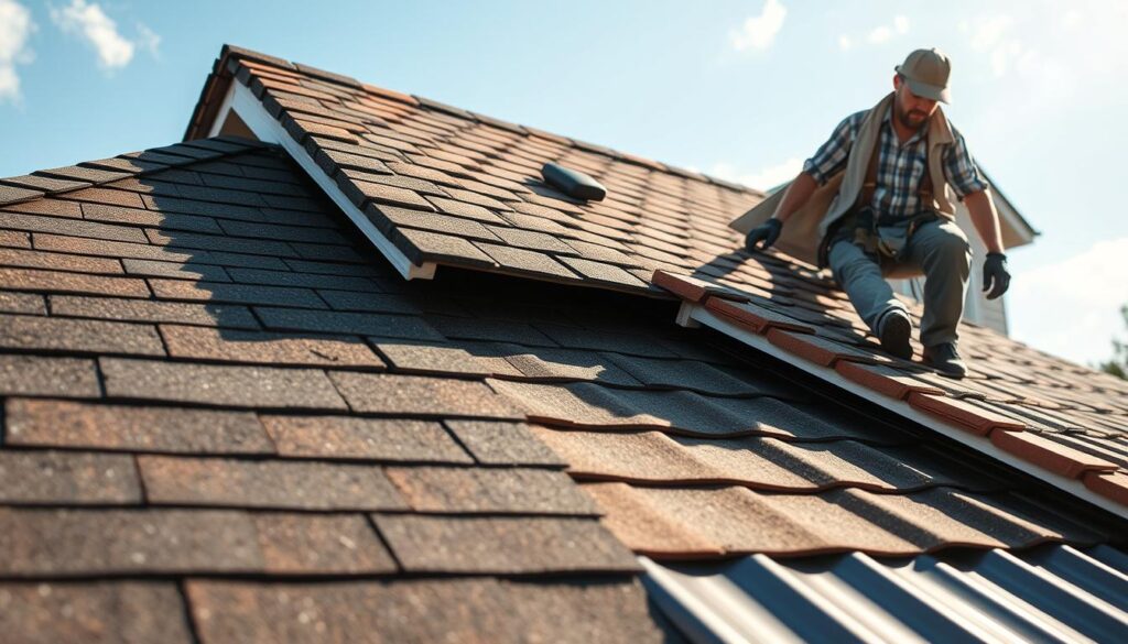 A detailed view of various roofing techniques being demonstrated on a residential building. In the foreground, a professional roofer in modest casual clothing meticulously installs shingles, showcasing quality craftsmanship. The middle ground features a mix of roofing materials including asphalt shingles, clay tiles, and metal sheets, arranged in an organized manner to highlight the differences in texture and color. The background includes a clear blue sky with sunlight casting soft shadows, enhancing the warmth of the scene. The composition is shot slightly from above, giving depth to the image while keeping the focus on the techniques and materials. The atmosphere is industrious and focused, conveying a sense of expertise in roofing construction. A detailed view of various roofing techniques being demonstrated on a residential building. In the foreground, a professional roofer in modest casual clothing meticulously installs shingles, showcasing quality craftsmanship. The middle ground features a mix of roofing materials including asphalt shingles, clay tiles, and metal sheets, arranged in an organized manner to highlight the differences in texture and color. The background includes a clear blue sky with sunlight casting soft shadows, enhancing the warmth of the scene. The composition is shot slightly from above, giving depth to the image while keeping the focus on the techniques and materials. The atmosphere is industrious and focused, conveying a sense of expertise in roofing construction.