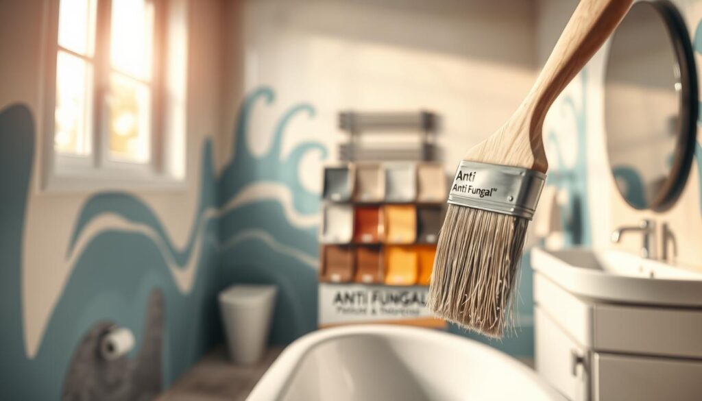 A high-resolution image of an artistically designed bathroom wall showcasing a sample of anti-fungal paint, with droplets of moisture highlighting its breathability. In the foreground, a smooth brush gently applying a fresh coat of the paint, while the middle features a variety of color swatches labeled 'Anti-Fungal', displaying their texture and finish. The background includes blurred outlines of bathroom installations such as a sink and mirror, softly lit by natural light peeping through a window, enhancing the fresh atmosphere. The image is warm and inviting, emphasizing durability and the importance of vapor permeability in bathroom paints. The angle is slightly elevated, capturing both the application process and the stunning aesthetic, ensuring clarity and focus on the painting technique.