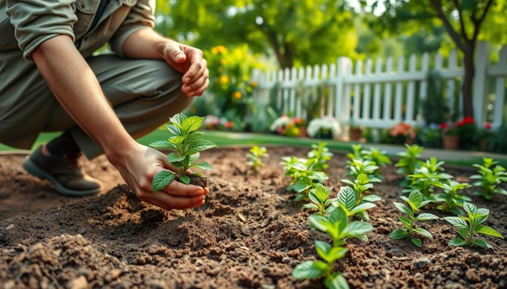 A lush garden scene depicting the process of planting mint. In the foreground, a gardener in modest casual clothing kneels next to a freshly dug garden bed, holding a vibrant green mint sapling ready to be planted. The gardener's hands are rich with soil, emphasizing the connection to the earth. In the middle ground, several mint plants are arranged neatly, showcasing their vibrant green leaves. The background features a sunny garden with flower beds and a white picket fence, with soft, diffused sunlight filtering through the leaves of nearby trees, creating a warm, inviting atmosphere. The overall mood is peaceful and fulfilling, capturing the essence of gardening and nurturing plants. The angle is slightly elevated to give a comprehensive view of the scene without any distractions. A lush garden scene depicting the process of planting mint. In the foreground, a gardener in modest casual clothing kneels next to a freshly dug garden bed, holding a vibrant green mint sapling ready to be planted. The gardener's hands are rich with soil, emphasizing the connection to the earth. In the middle ground, several mint plants are arranged neatly, showcasing their vibrant green leaves. The background features a sunny garden with flower beds and a white picket fence, with soft, diffused sunlight filtering through the leaves of nearby trees, creating a warm, inviting atmosphere. The overall mood is peaceful and fulfilling, capturing the essence of gardening and nurturing plants. The angle is slightly elevated to give a comprehensive view of the scene without any distractions.
