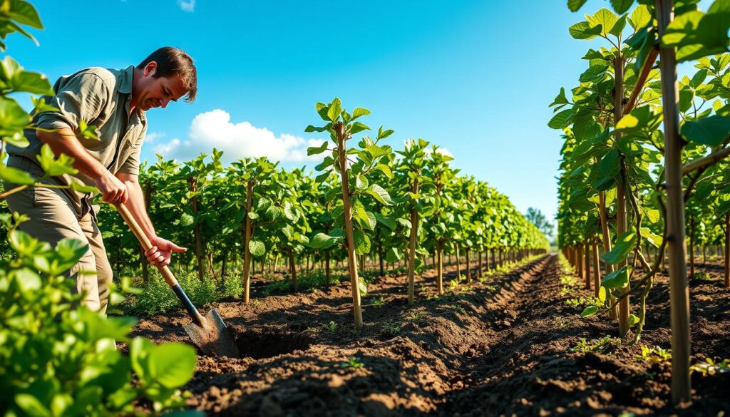 A lush garden scene focusing on planting kiwi. In the foreground, a gardener, dressed in casual yet professional attire, is carefully digging a hole for a kiwi plant with a small spade, surrounded by vibrant green foliage and soil. In the middle ground, rows of young kiwi plants supported on wooden trellises stretch out, showcasing their lush leaves and delicate tendrils. In the background, a bright blue sky is dotted with a few fluffy clouds, and softly glowing sunlight filters through the leaves, creating a warm and inviting atmosphere. The overall mood conveys a sense of serenity and dedication to gardening, emphasizing the care required for a successful kiwi harvest.