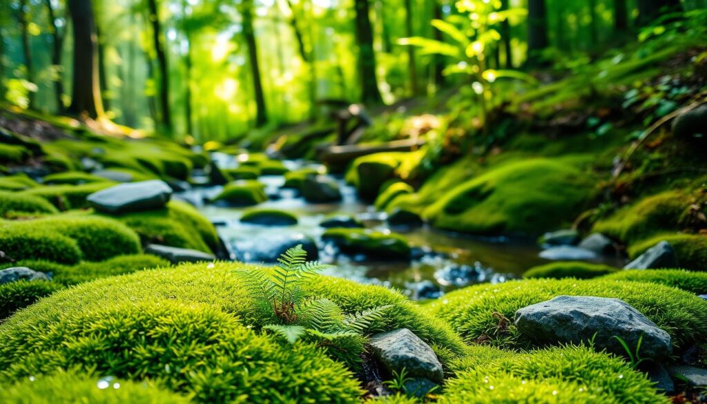 A lush, green moss garden with various species of moss thriving on a shaded, well-draining soil, showcasing the benefits of moss cultivation in a tranquil outdoor setting. In the foreground, soft, velvety patches of moss are interspersed with smooth stones and small ferns, shimmering with morning dew. The middle ground features a gently flowing stream lined with moss-covered rocks, reflecting sunlight that filters through overhead trees, creating a serene, dappled light effect. In the background, a lush, vibrant forest provides depth and a peaceful atmosphere, with soft focus on tall trees. The overall mood is calming and rejuvenating, inviting viewers to appreciate the beauty and benefits of growing moss in gardens. A lush, green moss garden with various species of moss thriving on a shaded, well-draining soil, showcasing the benefits of moss cultivation in a tranquil outdoor setting. In the foreground, soft, velvety patches of moss are interspersed with smooth stones and small ferns, shimmering with morning dew. The middle ground features a gently flowing stream lined with moss-covered rocks, reflecting sunlight that filters through overhead trees, creating a serene, dappled light effect. In the background, a lush, vibrant forest provides depth and a peaceful atmosphere, with soft focus on tall trees. The overall mood is calming and rejuvenating, inviting viewers to appreciate the beauty and benefits of growing moss in gardens.