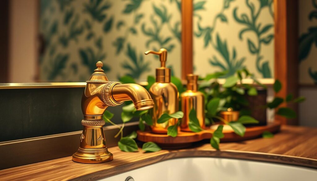 A luxurious bathroom scene featuring elegant gold accessories arranged artfully on a sleek wooden vanity. In the foreground, focus on a polished gold faucet with intricate detailing, accompanied by a stylish gold soap dispenser and a matching toothbrush holder. The middle ground showcases lush green plants cascading around the fixtures, enhancing the natural vibe. Soft, ambient lighting casts a warm glow over the scene, highlighting the rich textures of the wooden elements and reflecting off the gold surfaces. In the background, subtle hints of green wallpaper complement the gold accents, creating a harmonious and sophisticated atmosphere. The camera angle is slightly elevated, providing a clear view of the arrangement while maintaining a cozy, inviting feel.