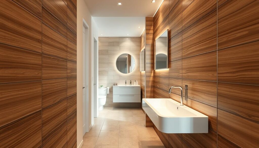 A modern bathroom featuring stylish MDF wall cladding applied over old tiles, showcasing a sleek and contemporary design. In the foreground, there are elegant MDF panels with a rich wood grain texture, reflecting warm tones that enhance the inviting atmosphere. The middle ground captures a well-lit bathroom space with a chic vanity, minimalist accessories, and soft, ambient lighting that creates a serene mood. In the background, subtle elements of the original tile peeking through add a touch of realism. The image is captured from a slightly elevated angle, allowing for a full view of the interior, emphasizing the harmonious blend of MDF and existing features. Soft shadows accentuate the textures, creating depth and visual interest within the space. A modern bathroom featuring stylish MDF wall cladding applied over old tiles, showcasing a sleek and contemporary design. In the foreground, there are elegant MDF panels with a rich wood grain texture, reflecting warm tones that enhance the inviting atmosphere. The middle ground captures a well-lit bathroom space with a chic vanity, minimalist accessories, and soft, ambient lighting that creates a serene mood. In the background, subtle elements of the original tile peeking through add a touch of realism. The image is captured from a slightly elevated angle, allowing for a full view of the interior, emphasizing the harmonious blend of MDF and existing features. Soft shadows accentuate the textures, creating depth and visual interest within the space.