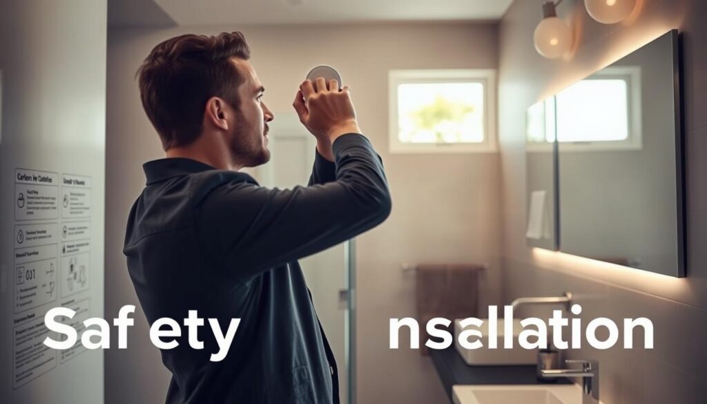 A modern bathroom interior featuring a carbon monoxide detector being installed. In the foreground, a professional technician in smart casual attire, focused on placing the detector on the wall at eye level. The middle ground showcases sleek bathroom fixtures, such as a sink and mirror, with soft ambient lighting highlighting safety instructions and installation guidelines subtly displayed on the wall. In the background, there's a window allowing natural light to softly illuminate the scene, enhancing the atmosphere of safety and professionalism. The overall mood is informative and reassuring, ideal for a guide on safety installations.