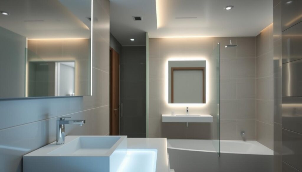 A modern bathroom interior featuring soft, ambient LED lighting that highlights key areas. In the foreground, a sleek vanity with integrated LED strips illuminating the countertop. The middle ground showcases a stylish mirror framed with backlit LED lighting, creating a warm glow. Soft, recessed LED lights are installed in the ceiling, providing even light distribution. The background reveals elegant tiles with a glossy finish, reflecting the gentle light. The mood is serene and inviting, ideal for relaxation, with a focus on minimalism and functionality. The overall color palette blends soft whites, muted grays, and light blues, enhancing the calming atmosphere. The scene is well-composed, shot from a slightly elevated angle to capture the entire space, emphasizing the advantages of LED lighting in bathroom design. A modern bathroom interior featuring soft, ambient LED lighting that highlights key areas. In the foreground, a sleek vanity with integrated LED strips illuminating the countertop. The middle ground showcases a stylish mirror framed with backlit LED lighting, creating a warm glow. Soft, recessed LED lights are installed in the ceiling, providing even light distribution. The background reveals elegant tiles with a glossy finish, reflecting the gentle light. The mood is serene and inviting, ideal for relaxation, with a focus on minimalism and functionality. The overall color palette blends soft whites, muted grays, and light blues, enhancing the calming atmosphere. The scene is well-composed, shot from a slightly elevated angle to capture the entire space, emphasizing the advantages of LED lighting in bathroom design.