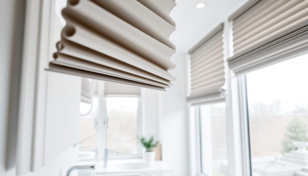 A modern bathroom interior featuring stylish pleated window shades (plisy) that gently filter light while providing privacy. In the foreground, focus on the soft folds of the shades, showcasing their elegant design in a neutral color palette, such as soft greys or beiges, harmonizing with the surroundings. The middle of the image highlights a clean sink area with minimalist decor, including a small potted plant and modern fixtures. In the background, large windows allow natural light to stream in, enhancing the serene atmosphere. The scene is illuminated by bright, diffuse lighting, creating a fresh and inviting mood. The angle offers a slightly elevated perspective, capturing the beauty and functionality of the pleated shades in this elegant bathroom space.