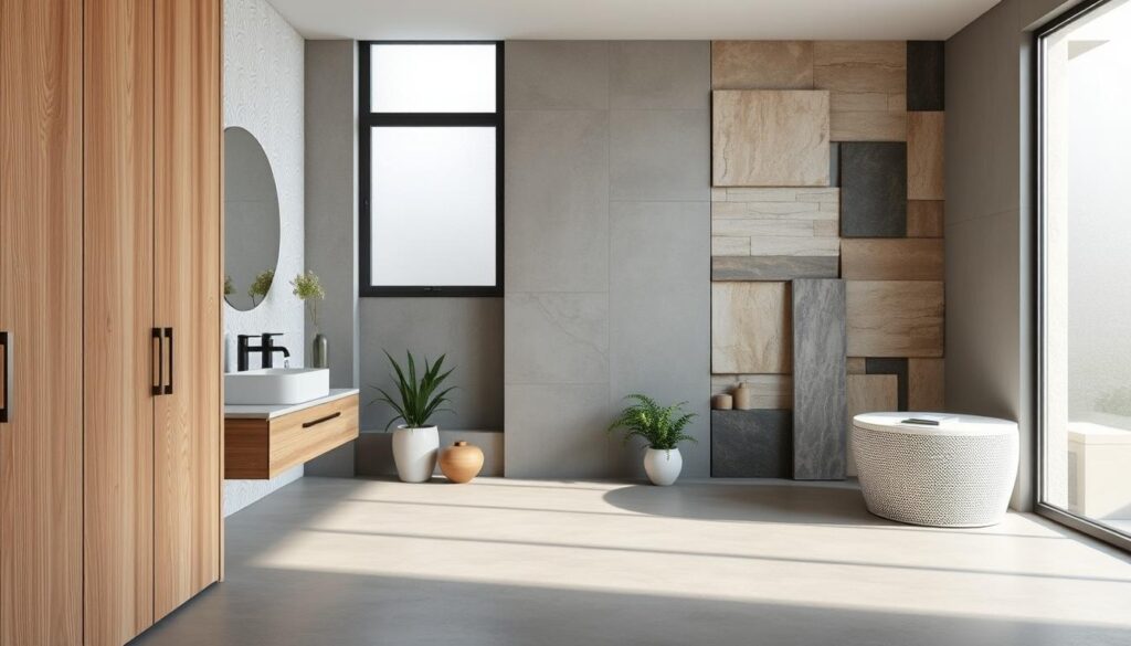 A modern bathroom interior showcasing a variety of innovative finishing materials instead of traditional tiles. In the foreground, a sleek wooden panel seamlessly integrates with a stylish waterproof wallpaper featuring a subtle geometric pattern. The middle section highlights a polished concrete floor with a matte finish, with elegant decorative elements like potted plants and stylish accessories. In the background, a wall displays textured stone slabs and decorative cement boards, illustrating durability and moisture resistance. Soft, natural lighting filters through a frosted window, casting gentle shadows that enhance the serene atmosphere. The image captures a contemporary, functional design that communicates elegance and practicality, perfect for those seeking alternatives to tiles in damp environments. A modern bathroom interior showcasing a variety of innovative finishing materials instead of traditional tiles. In the foreground, a sleek wooden panel seamlessly integrates with a stylish waterproof wallpaper featuring a subtle geometric pattern. The middle section highlights a polished concrete floor with a matte finish, with elegant decorative elements like potted plants and stylish accessories. In the background, a wall displays textured stone slabs and decorative cement boards, illustrating durability and moisture resistance. Soft, natural lighting filters through a frosted window, casting gentle shadows that enhance the serene atmosphere. The image captures a contemporary, functional design that communicates elegance and practicality, perfect for those seeking alternatives to tiles in damp environments.